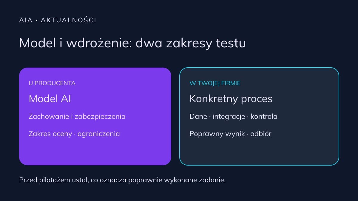 Dwa obszary oceny: model u producenta oraz proces z danymi, integracjami i odbiorem w firmie.