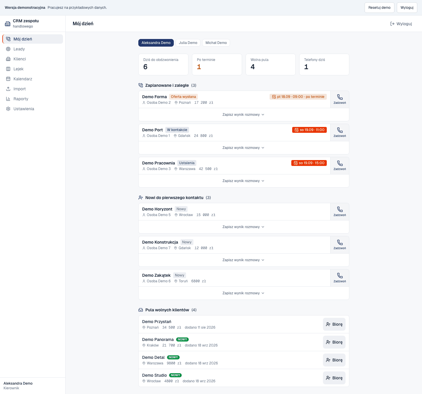 Demonstracyjny ekran CRM zespołu handlowego