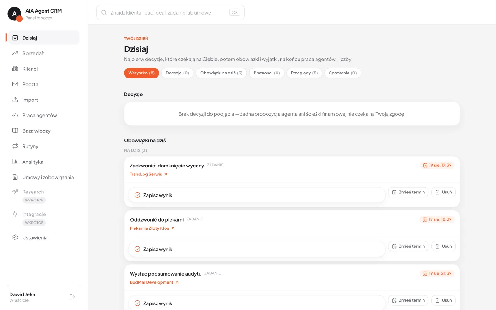 Ekran Dzisiaj w naszym CRM: kolejka pracy na dziś. Organizacja pokazowa, dane demonstracyjne.