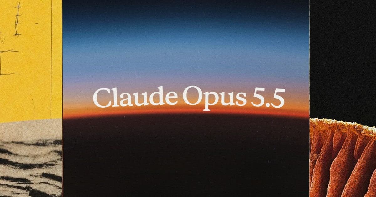 Oficjalna grafika Claude Opus 5.5: nazwa modelu na tle niebiesko-pomarańczowego horyzontu i kolażu faktur.