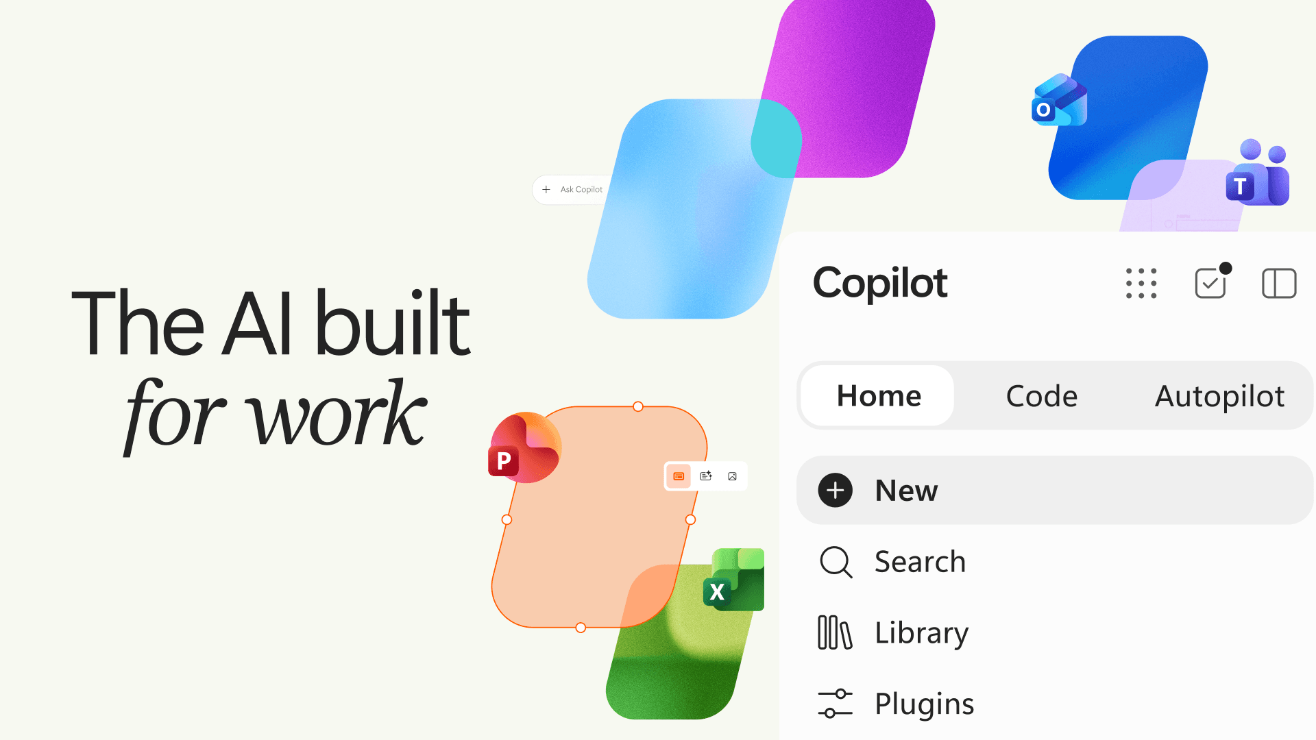Oficjalna grafika Microsoft towarzysząca zapowiedzi nowych funkcji Copilot Home, Code i Autopilot.